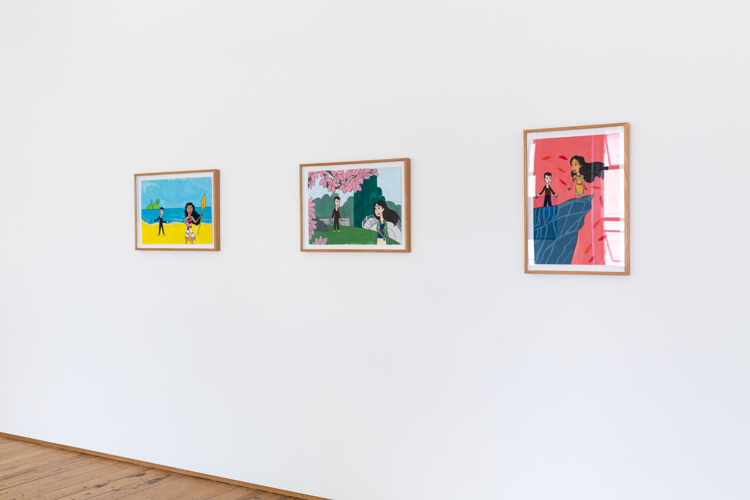 Three framed artworks hanging on a white wall in West Space gallery