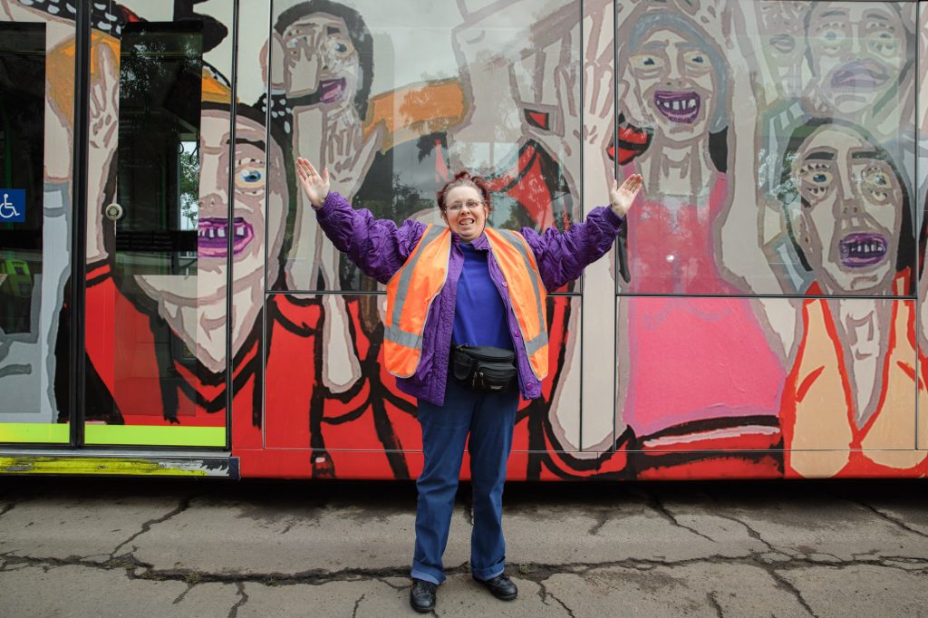 Cathy Staughton in front of her Art Tram