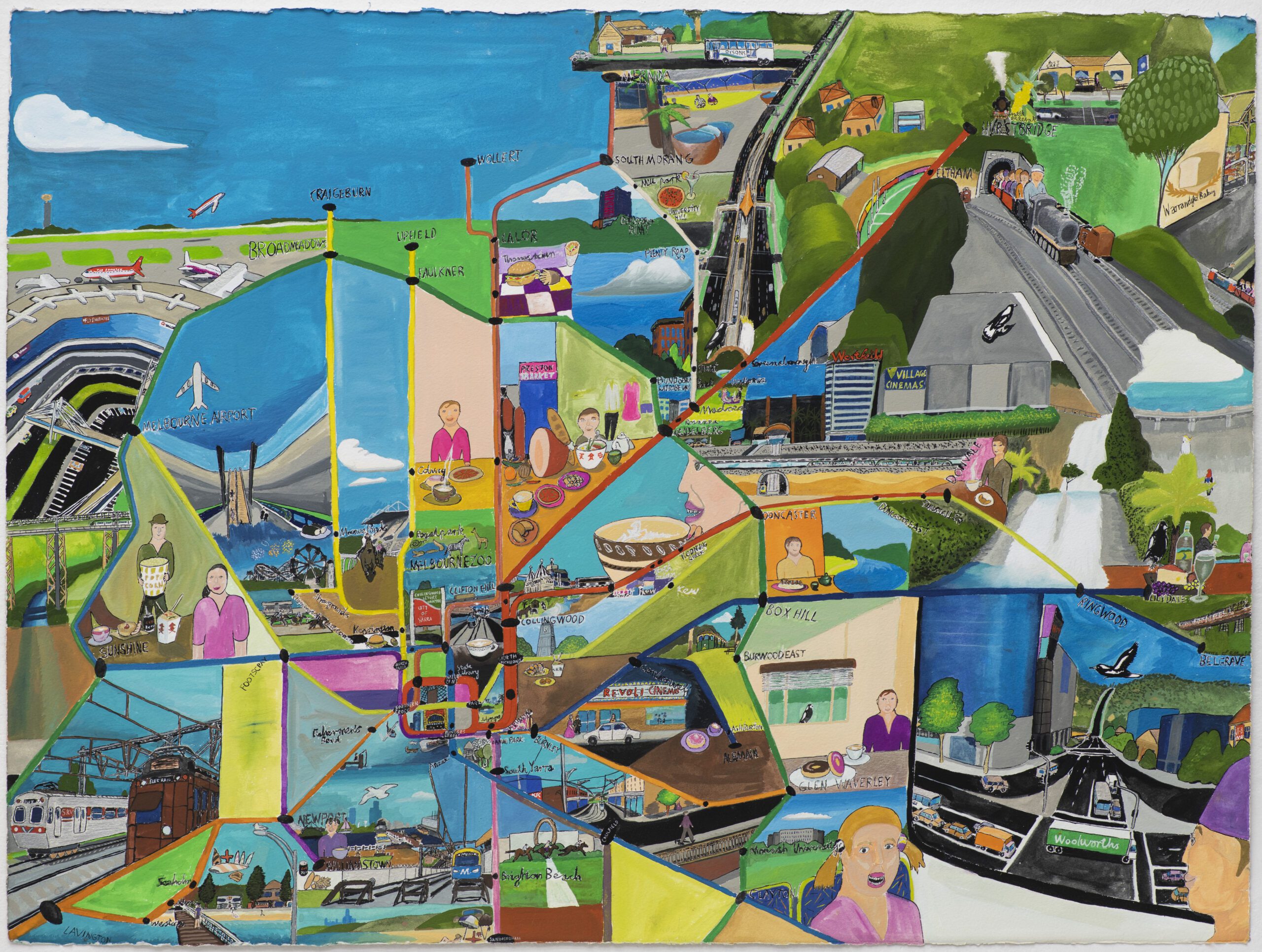 An illustrated map of Melbourne by Arts Project Australia artist Miles Howard-Wilks. The map highlights Miles' favourite snacks along the city's train lines.