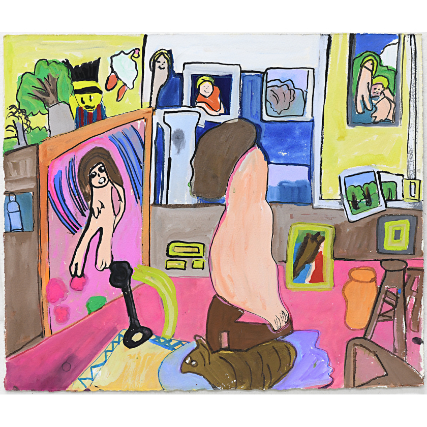 A Woman sitting down near her Dog