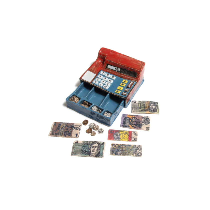 The Old Fashioned Cash Register with the Old Paper Dollar Notes and Coins